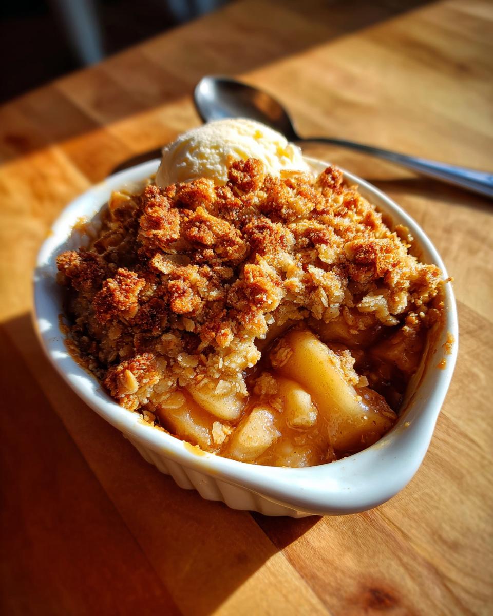 A warm serving of Grandma's perfect apple crisp topped with a scoop of vanilla ice cream in a white ramekin.