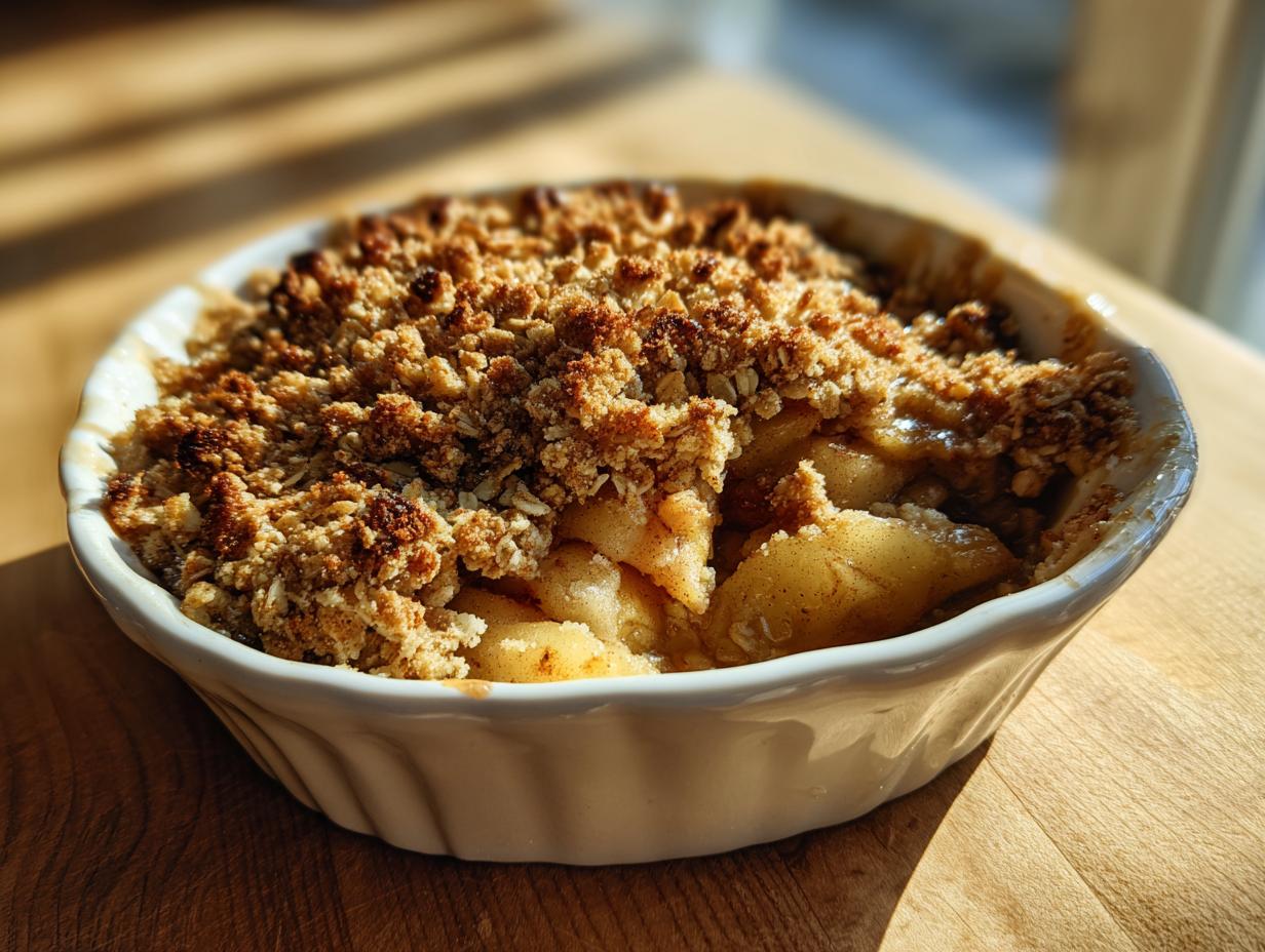 A warm, golden-brown apple crisp in a white baking dish, showcasing tender baked apples and a crunchy oat topping.