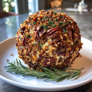 A delicious cheese ball coated in chopped pecans and herbs, served on a white plate with a sprig of rosemary.