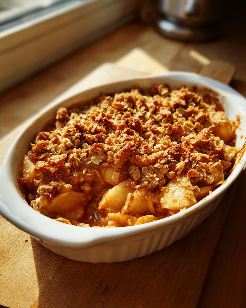 A close-up of Grandma's perfect apple crisp in a white baking dish, with a golden-brown crumble topping.