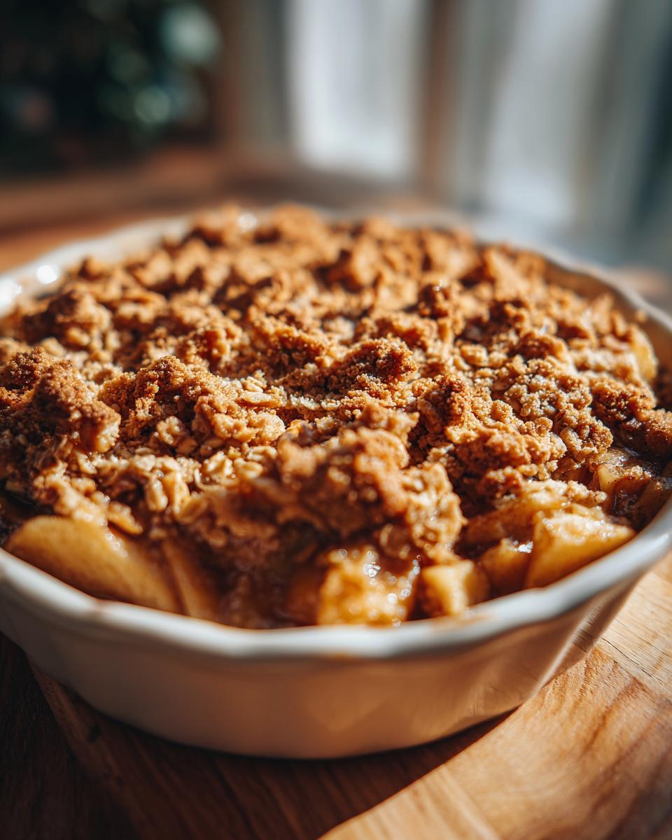 Close-up of a warm, freshly baked apple crisp in a white baking dish, showing tender apple slices under a golden brown crumble topping.