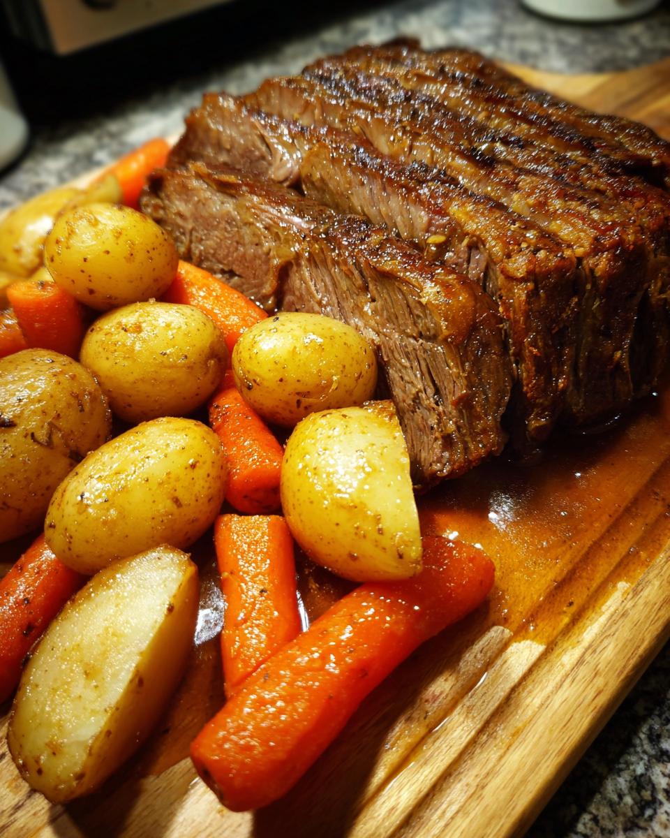 A beautifully cooked pot roast, sliced and served with tender carrots and potatoes on a wooden board.