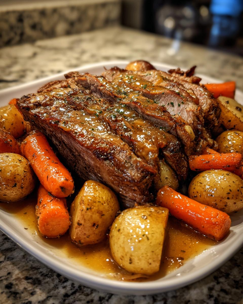 A delicious and tender pot roast, sliced and served with roasted carrots and potatoes in gravy.