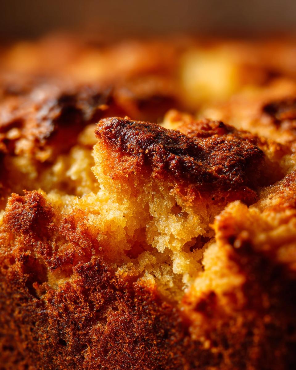 Close-up of golden-brown baked stuffing with a fluffy interior.
