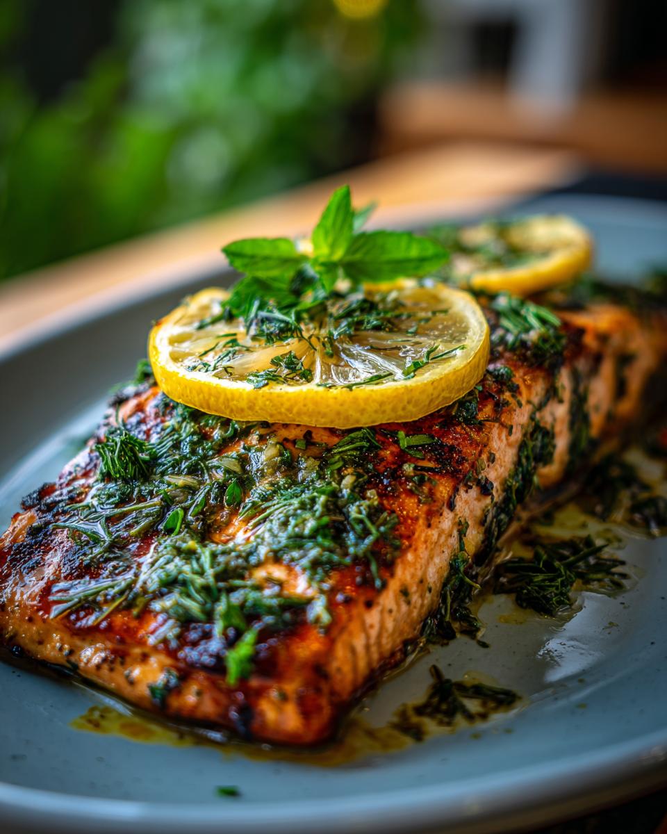A close-up of perfectly grilled salmon fillet topped with fresh herbs, lemon slices, and mint.