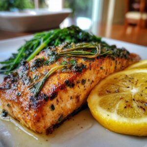 A perfectly grilled salmon fillet topped with herbs and served with lemon slices and greens.
