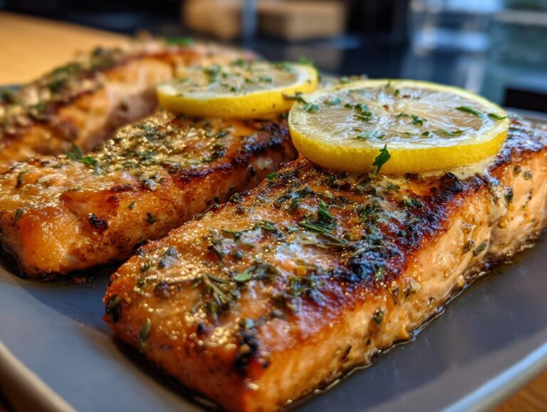 Close-up of perfectly grilled salmon fillets topped with lemon slices and fresh herbs.