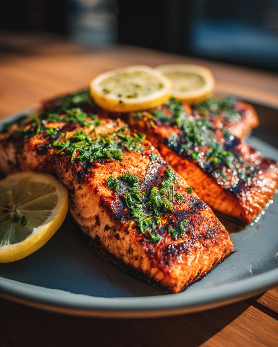 Close-up of three perfectly grilled salmon fillets on a plate, garnished with fresh herbs and lemon slices.