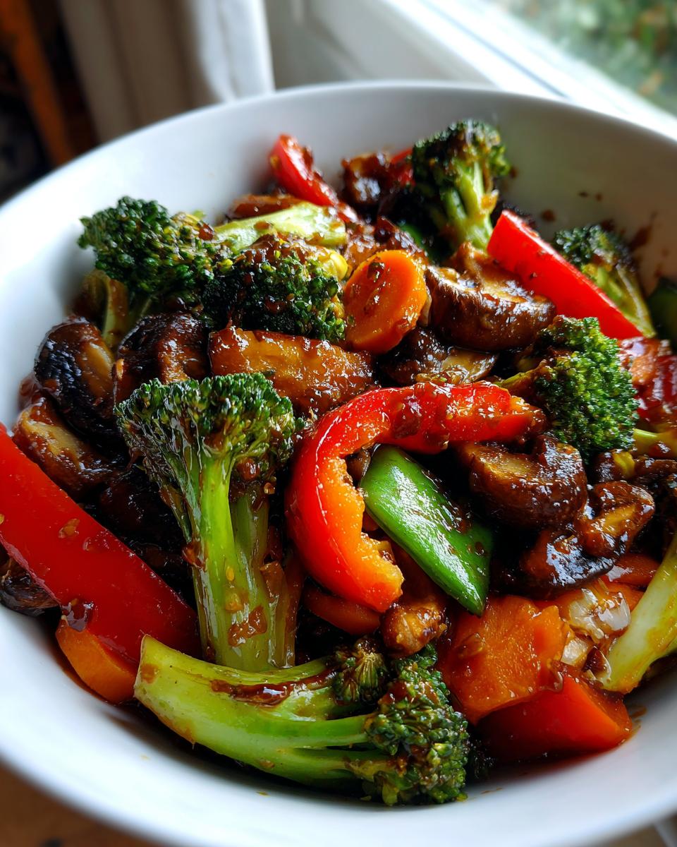 A vibrant bowl of vegetable stir fry featuring broccoli, carrots, red bell peppers, and mushrooms in a glossy sauce.