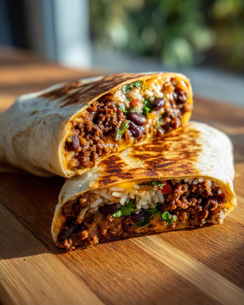 Close-up of a delicious beef burrito cut in half, revealing seasoned ground beef, black beans, rice, and cilantro.