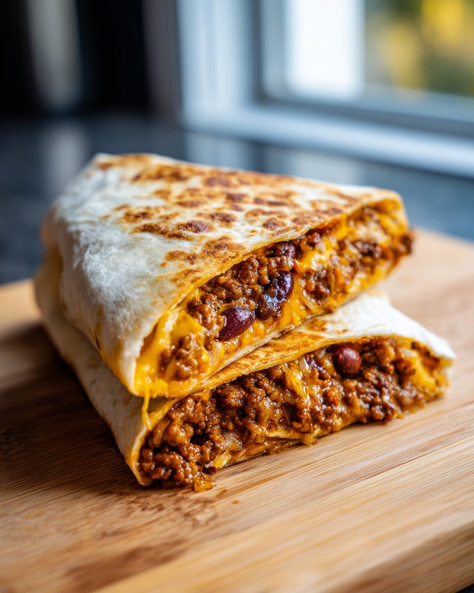 Close-up of two halves of a hearty ground beef and cheese burrito, showing the savory filling and toasted tortilla.