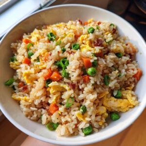 A close-up of a white bowl filled with delicious fried rice, featuring scrambled eggs, peas, carrots, and green onions.