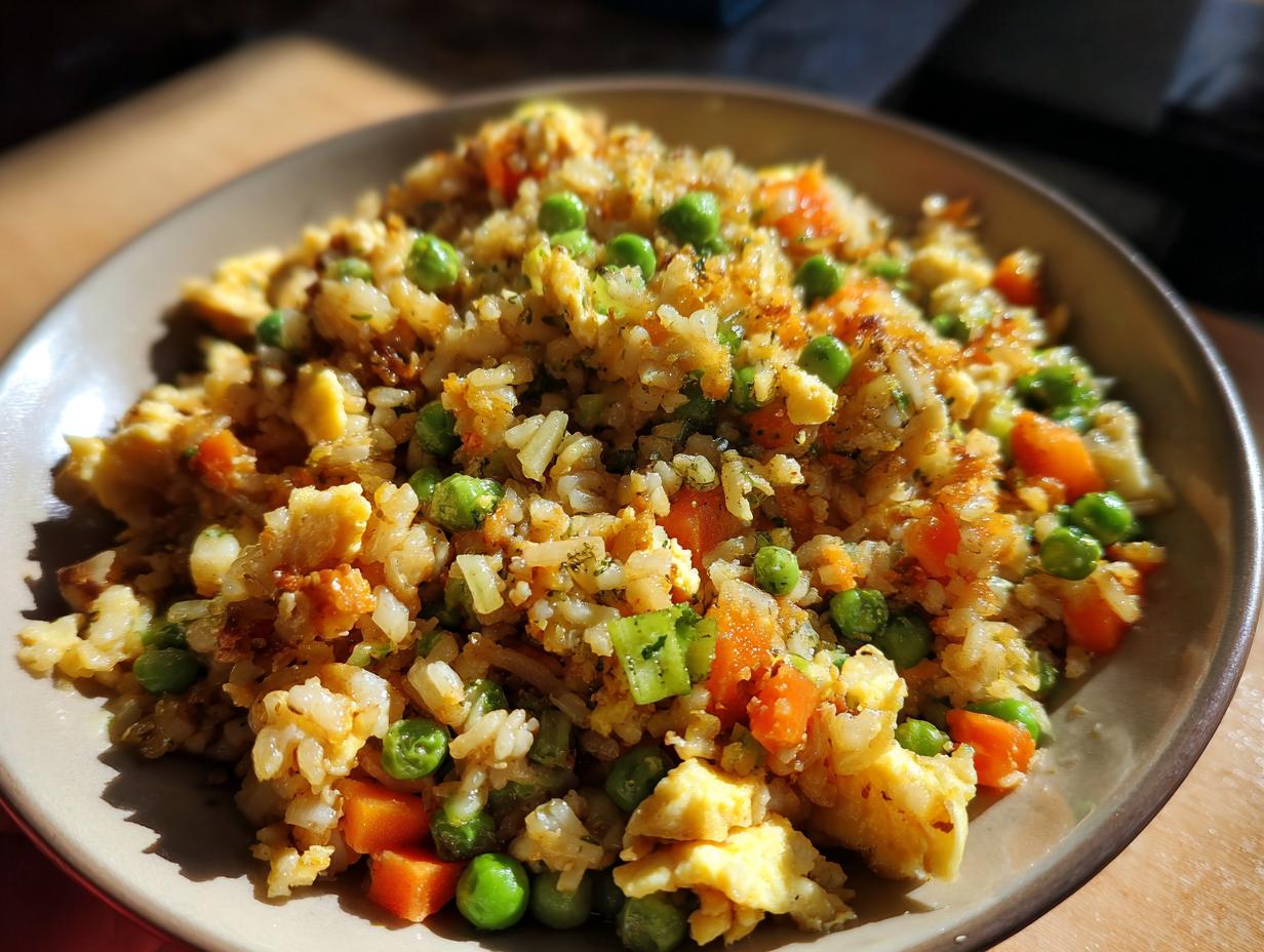 A close-up of a bowl of homemade fried rice, featuring fluffy rice, scrambled eggs, peas, and diced carrots.