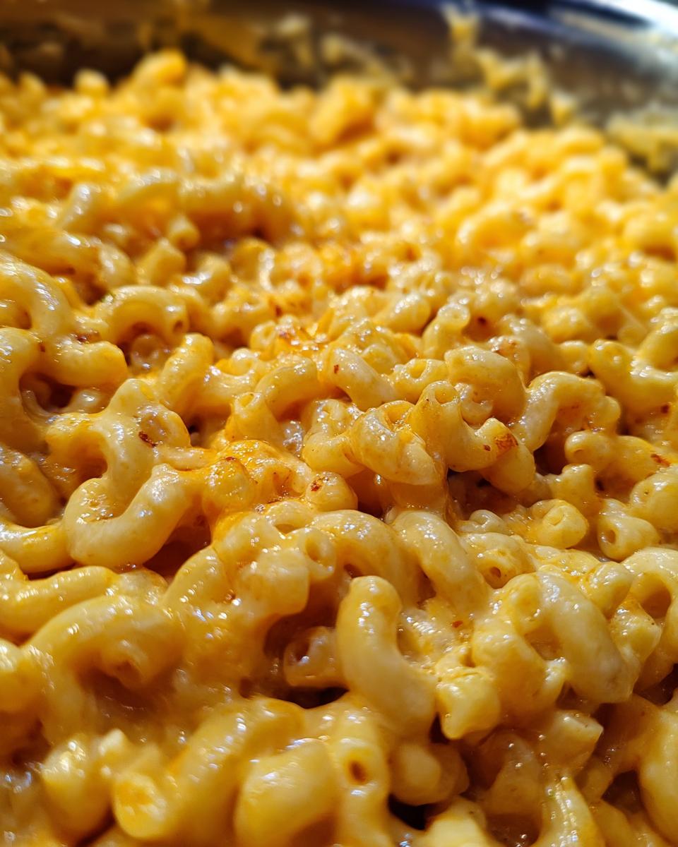 Close-up of creamy, cheesy Instant Pot mac and cheese with elbow macaroni coated in a rich cheese sauce.
