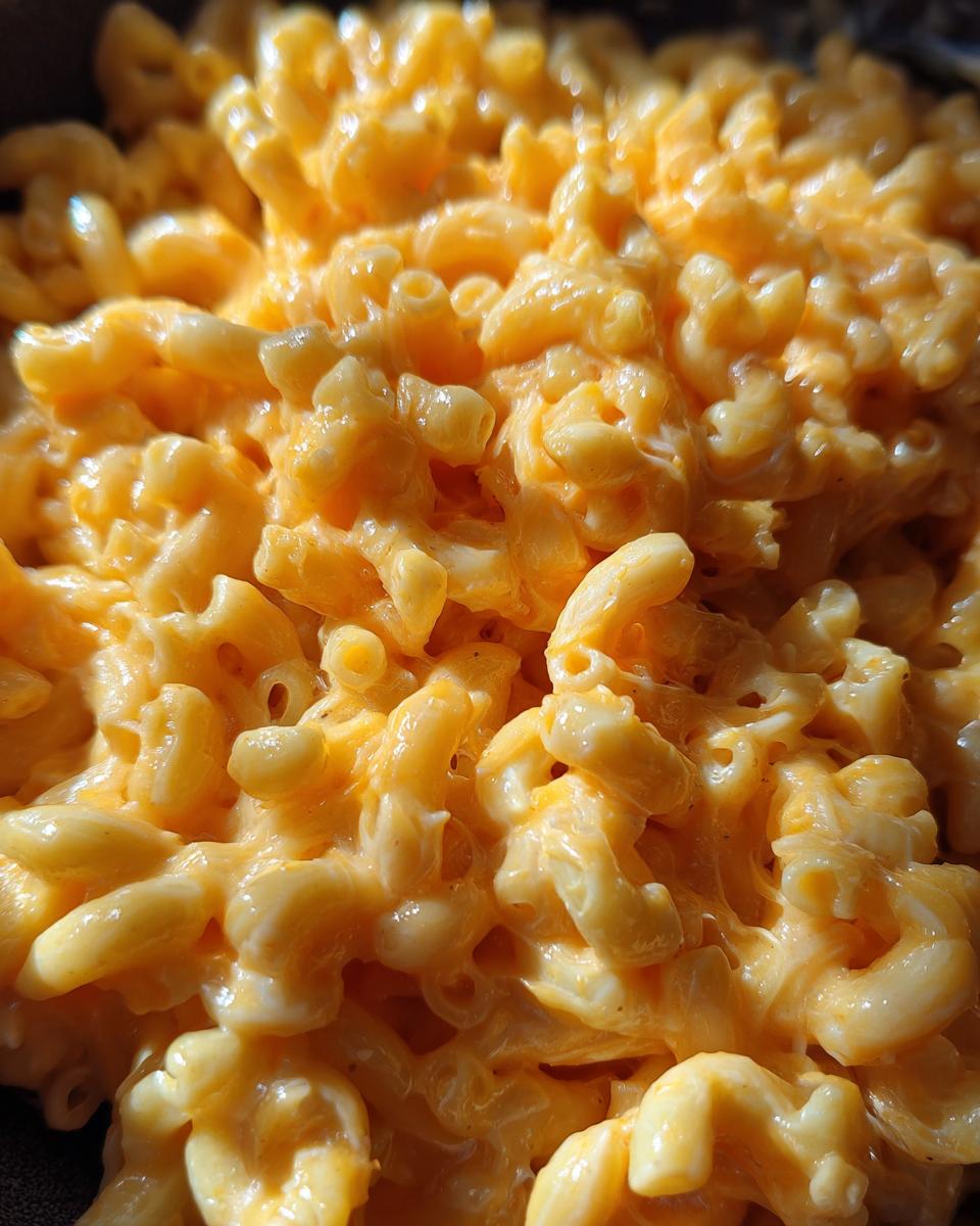 Close-up of creamy, cheesy Instant Pot mac and cheese with elbow macaroni.