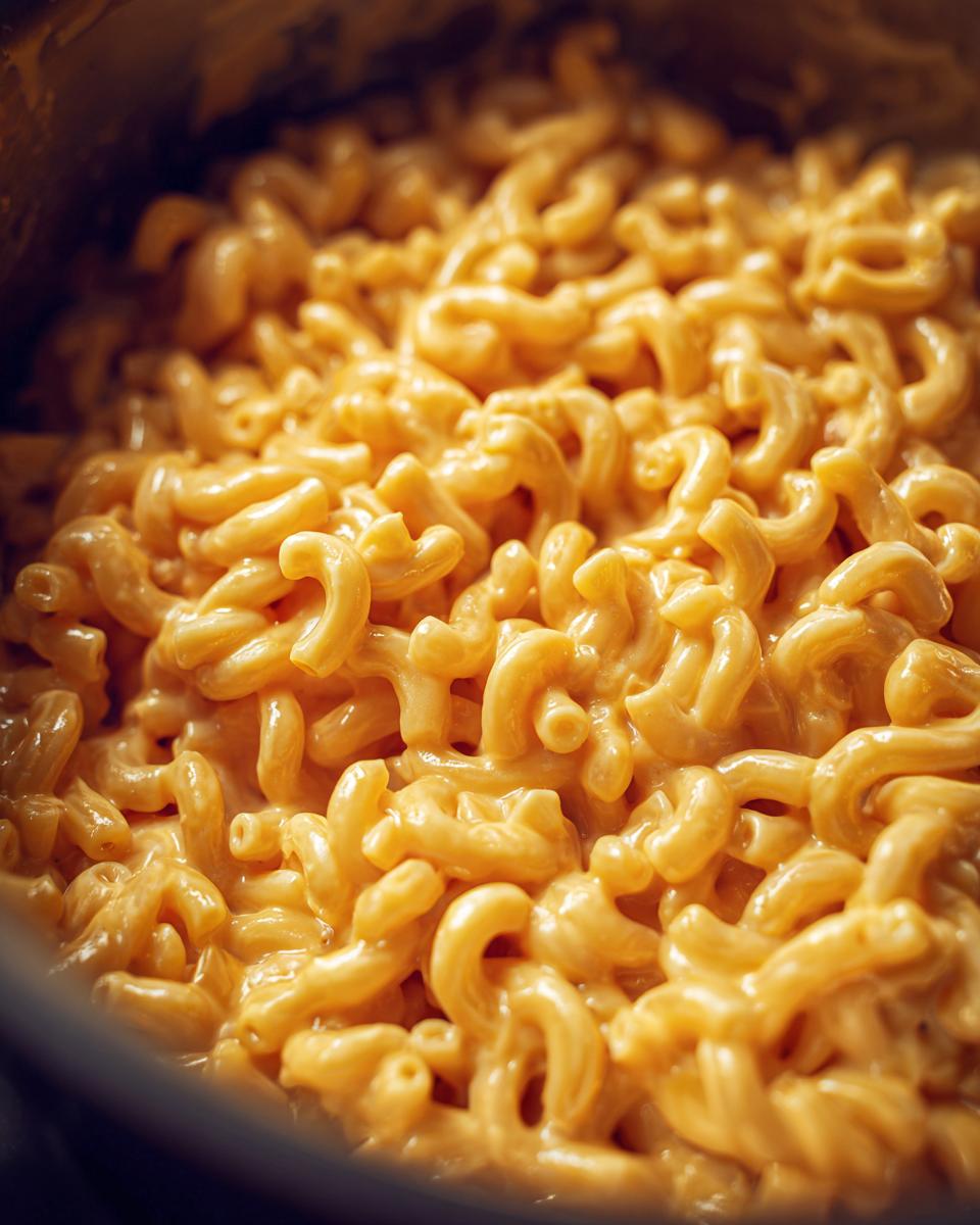 A close-up view of creamy, cheesy Instant Pot mac and cheese in a pot.