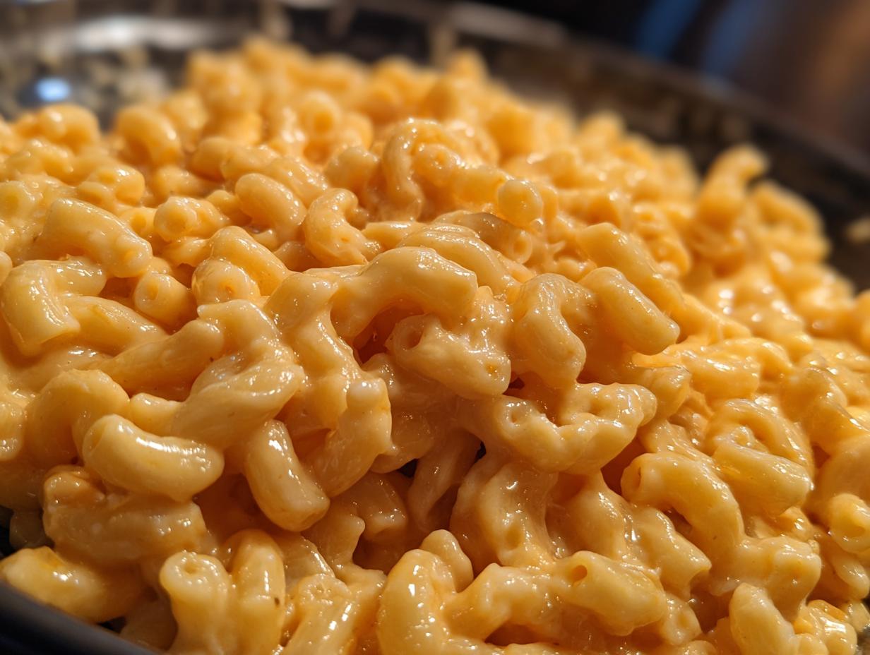 Close-up of creamy, cheesy Instant Pot mac and cheese with elbow macaroni.