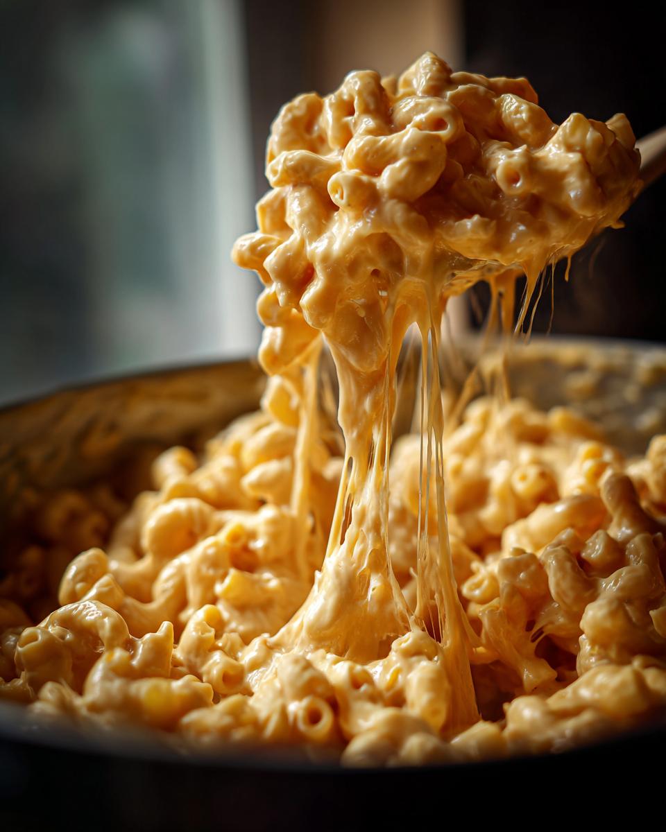 A spoonful of creamy Instant Pot mac and cheese, with long cheese pulls, showing the delicious texture.