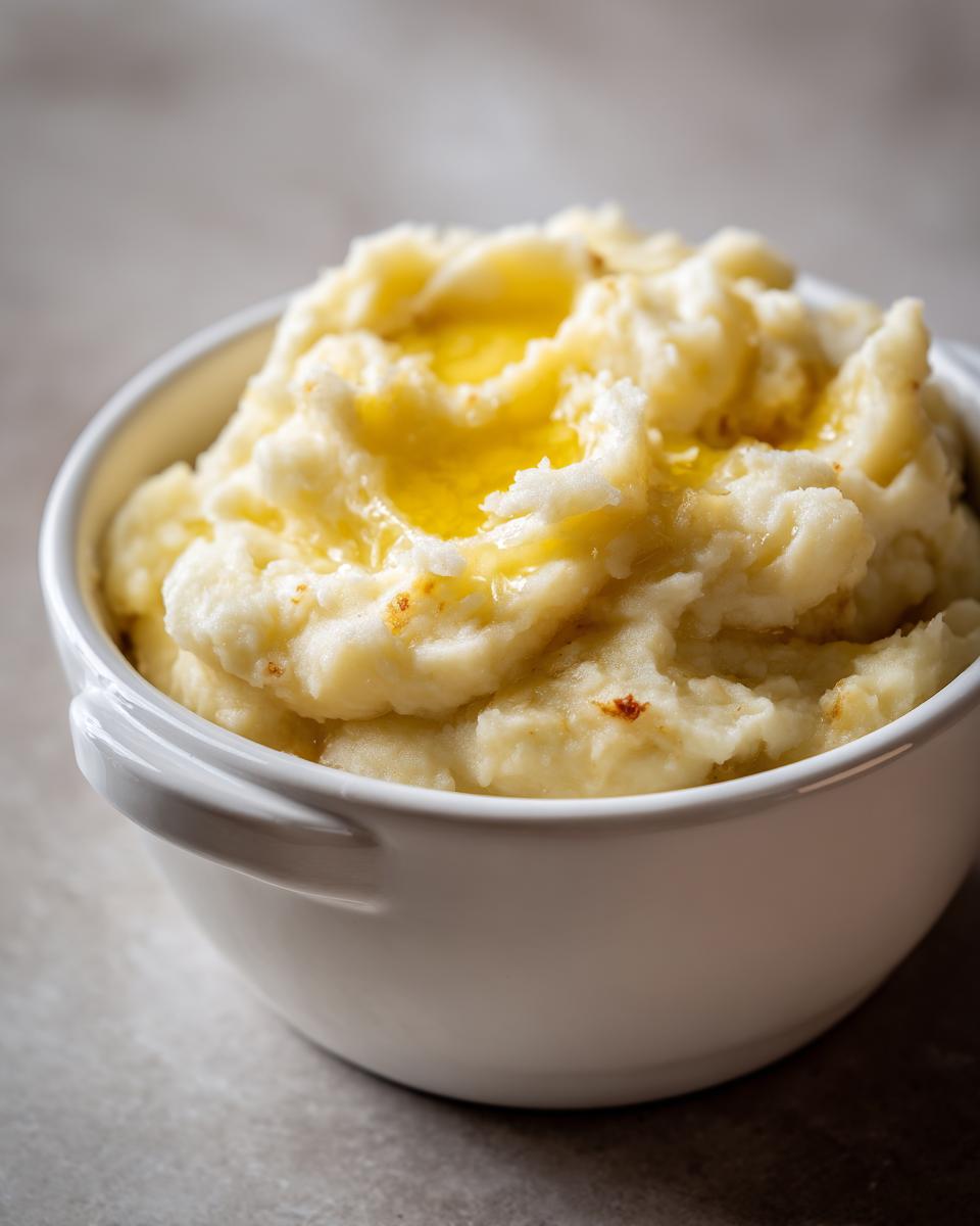 A white bowl filled with fluffy Instant Pot mashed potatoes, topped with melted butter.