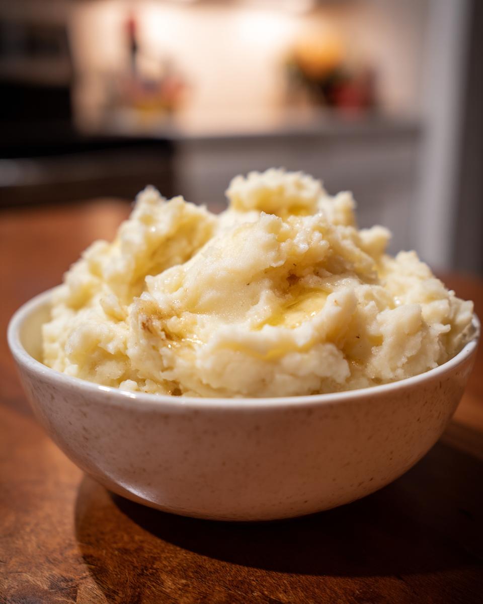 A close-up of fluffy Instant Pot mashed potatoes in a bowl, topped with melted butter.