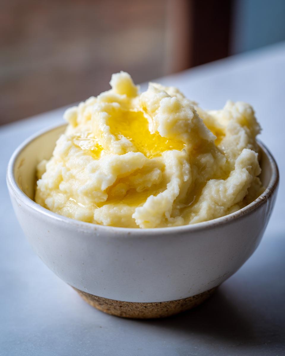Close-up of fluffy Instant Pot mashed potatoes topped with melted butter in a white bowl.