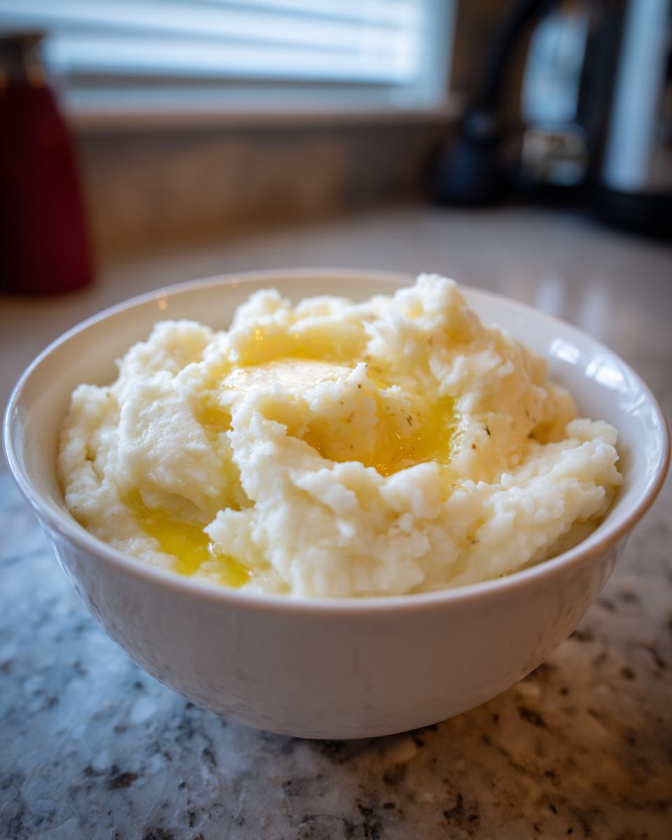 A white bowl filled with fluffy Instant Pot mashed potatoes topped with melted butter.