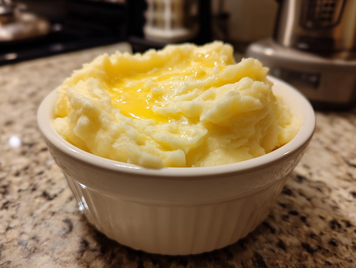 A white bowl filled with fluffy Instant Pot mashed potatoes topped with melted butter.