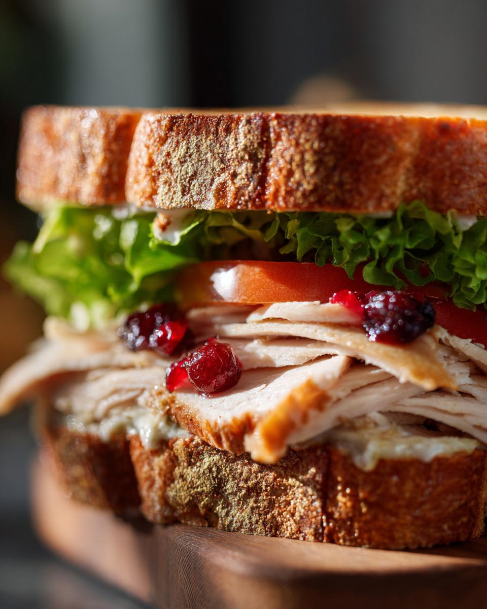 Close-up of a delicious leftover turkey sandwich with sliced turkey, lettuce, tomato, and cranberry sauce on toasted bread.