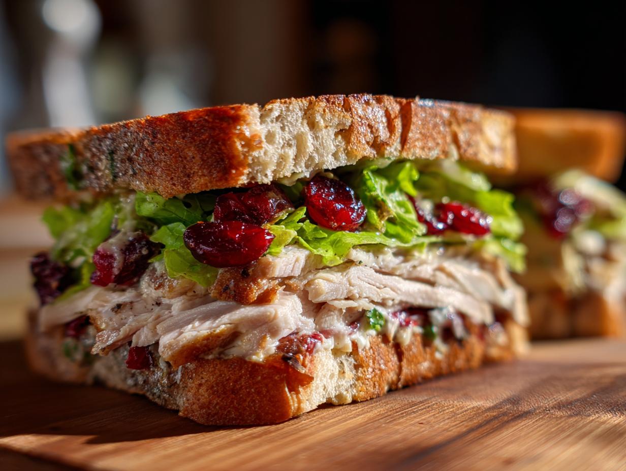 A mouthwatering leftover turkey sandwich on toasted bread, layered with turkey, lettuce, and dried cranberries.