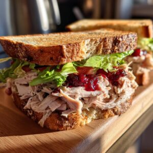 A close-up of a delicious leftover turkey sandwich with shredded turkey, lettuce, tomato, and cranberry sauce on toasted bread.
