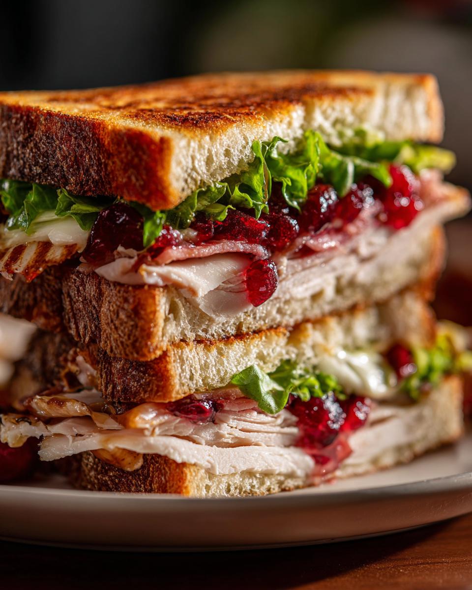 A tall, stacked leftover turkey sandwich with toasted bread, sliced turkey, cranberry sauce, and lettuce.