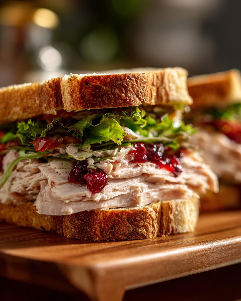 Close-up of a delicious leftover turkey sandwich on toasted bread with cranberry sauce and lettuce.