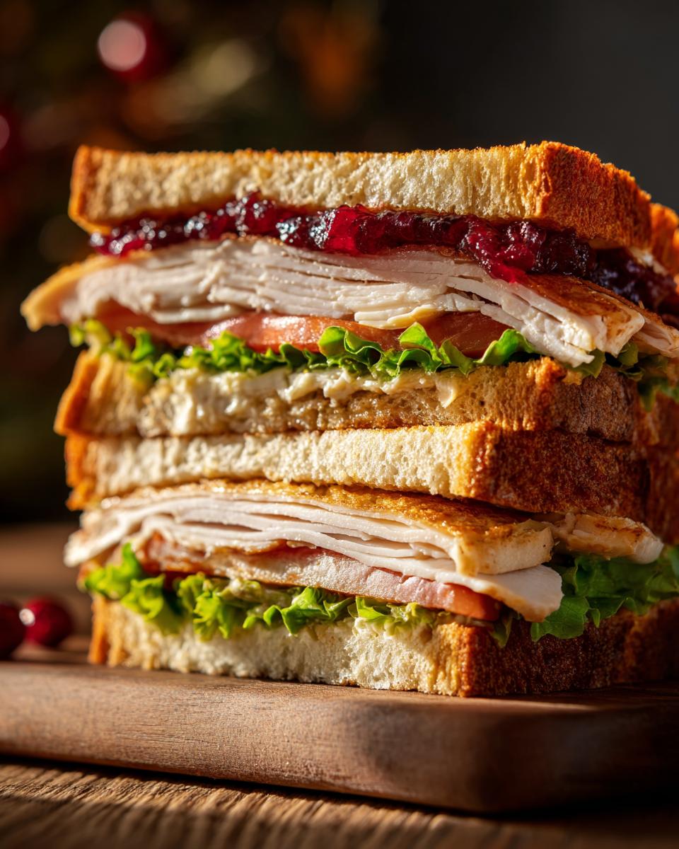 A tall, stacked leftover turkey sandwich with lettuce, tomato, and cranberry sauce on toasted bread.