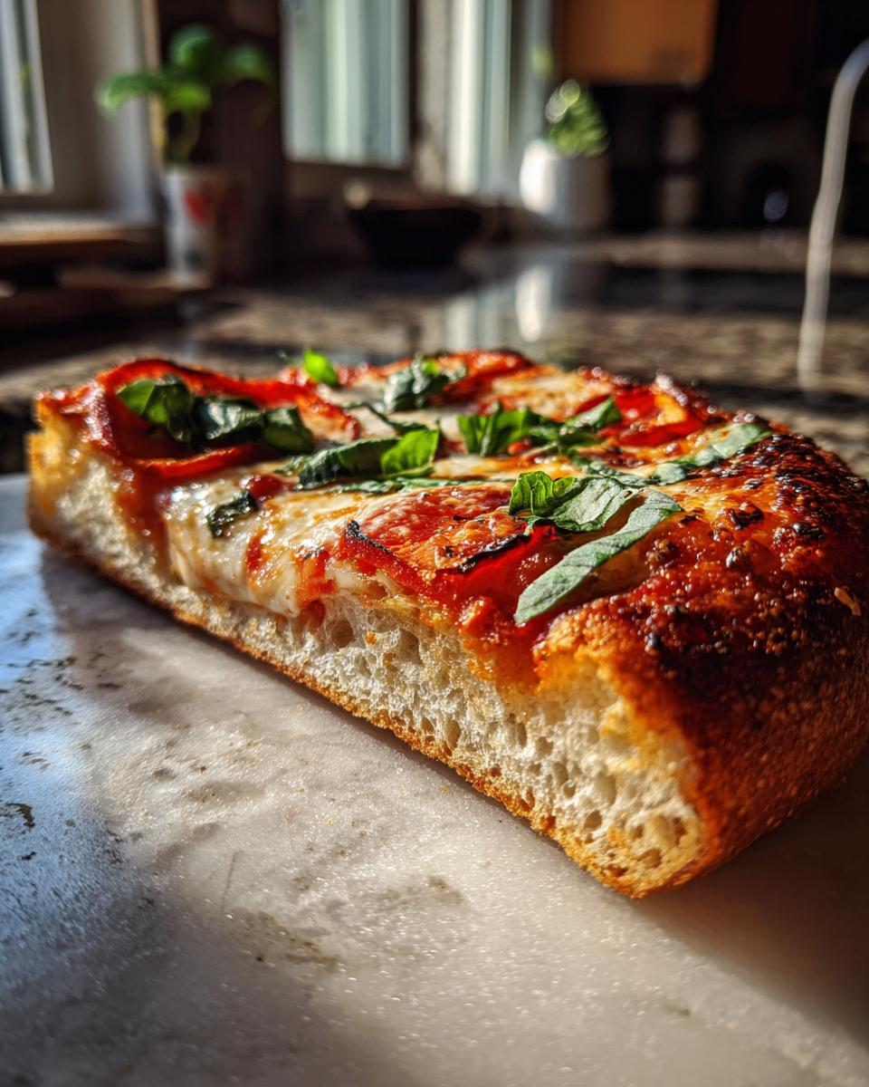 A close-up, angled view of a slice of Margherita pizza, showcasing melted mozzarella, vibrant tomato sauce, and fresh basil leaves.