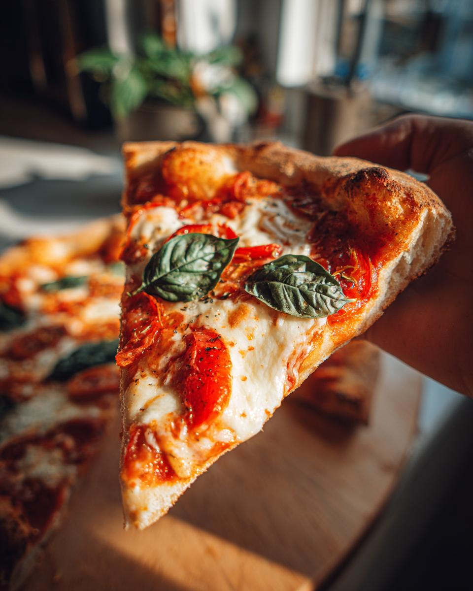 A hand holding a slice of freshly baked Margherita pizza, showcasing melted mozzarella, tomato sauce, and basil leaves.