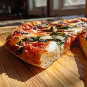 A close-up of a slice of fresh Margherita pizza, showcasing melted mozzarella, vibrant tomato sauce, and fresh basil leaves.