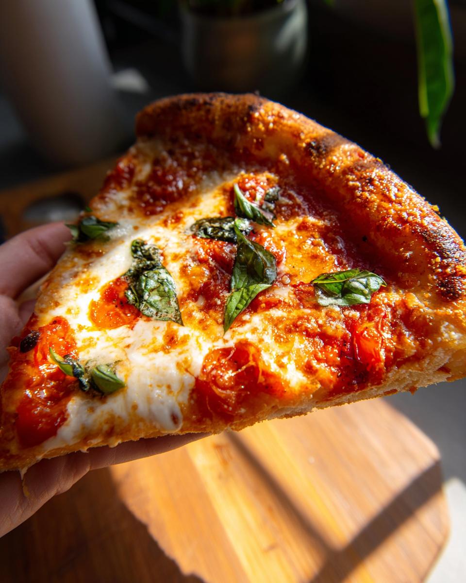 A hand holds a slice of Margherita pizza, showcasing melted mozzarella, rich tomato sauce, and fresh basil leaves.