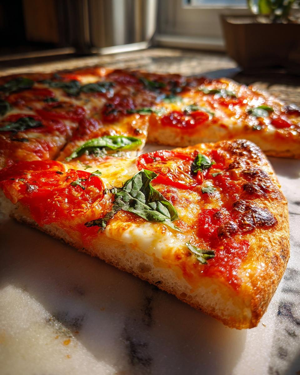 A close-up slice of homemade Margherita pizza, featuring melted mozzarella, vibrant tomato sauce, and fresh basil leaves.