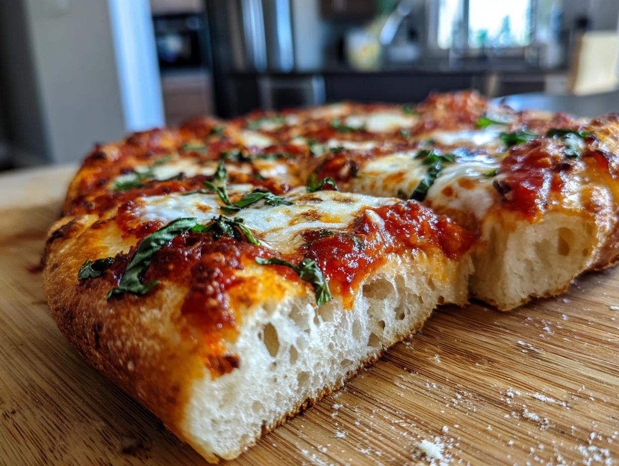 Close-up of a slice of homemade Margherita pizza, showing bubbly crust, rich tomato sauce, melted mozzarella, and fresh basil leaves.