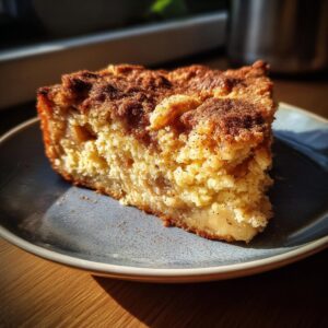A close-up of a moist slice of apple cake with a cinnamon-sugar topping, served on a blue plate.