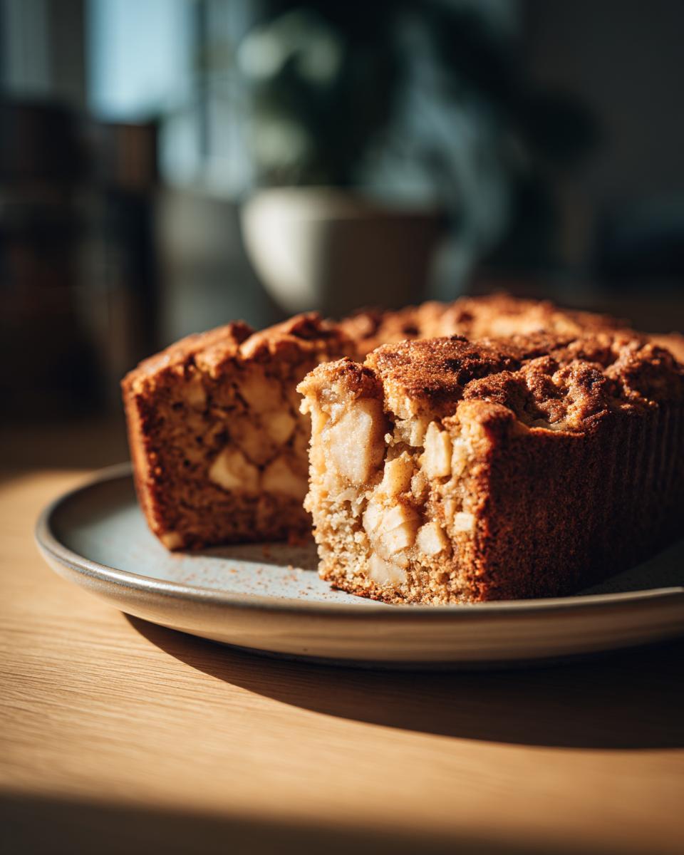 A close-up of a moist apple cake slice, showcasing chunks of apple and a cinnamon-dusted top.