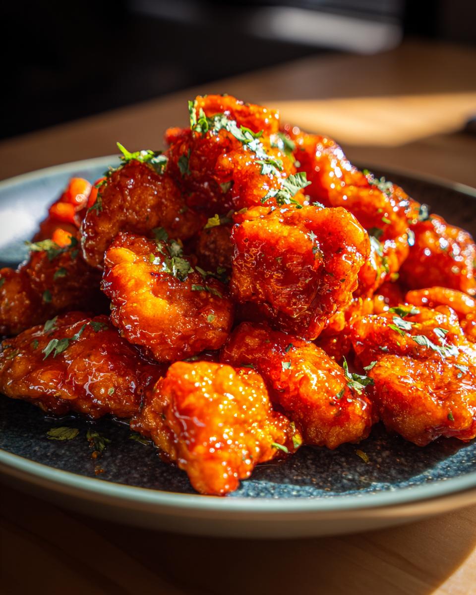 A close-up of glossy, bite-sized pieces of Orange Chicken, garnished with fresh green herbs.