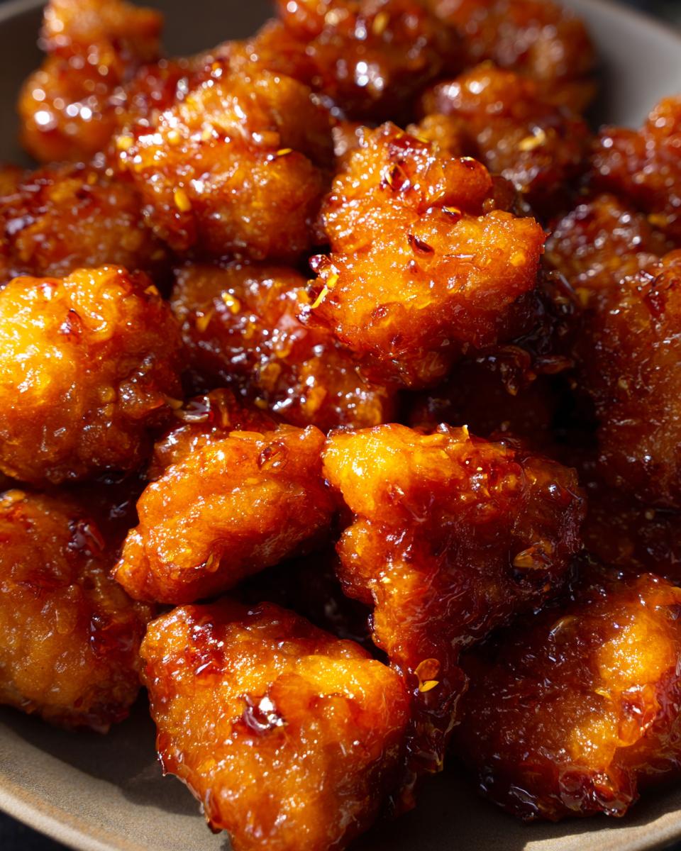 Close-up of crispy, glazed Orange Chicken pieces, glistening with sauce and chili flakes.