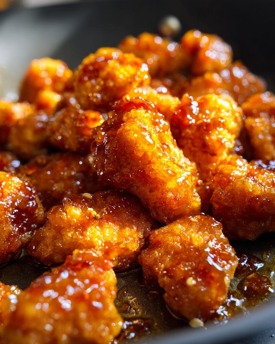 Close-up of crispy, glazed Orange Chicken pieces in a pan, glistening with sauce.
