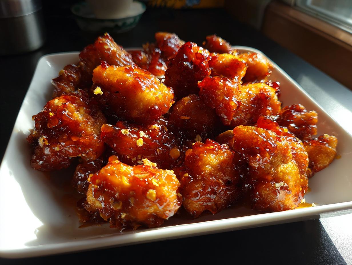 A close-up of glistening, crispy orange chicken pieces coated in a sweet and savory sauce.