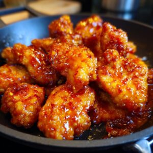 Close-up of crispy, glazed Orange Chicken pieces in a black pan, glistening with sauce.