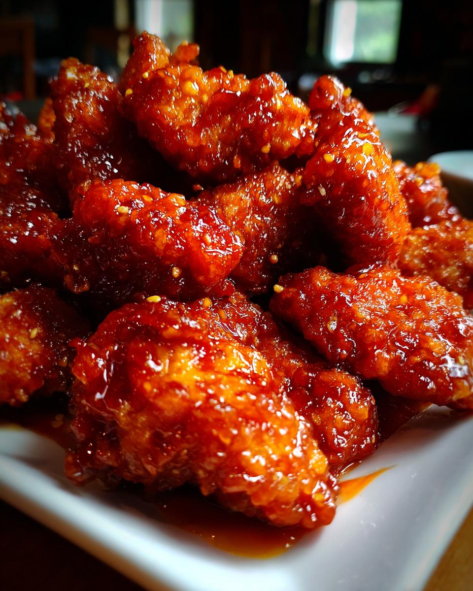 Close-up of crispy, glazed Orange Chicken pieces piled on a white plate, sprinkled with sesame seeds.