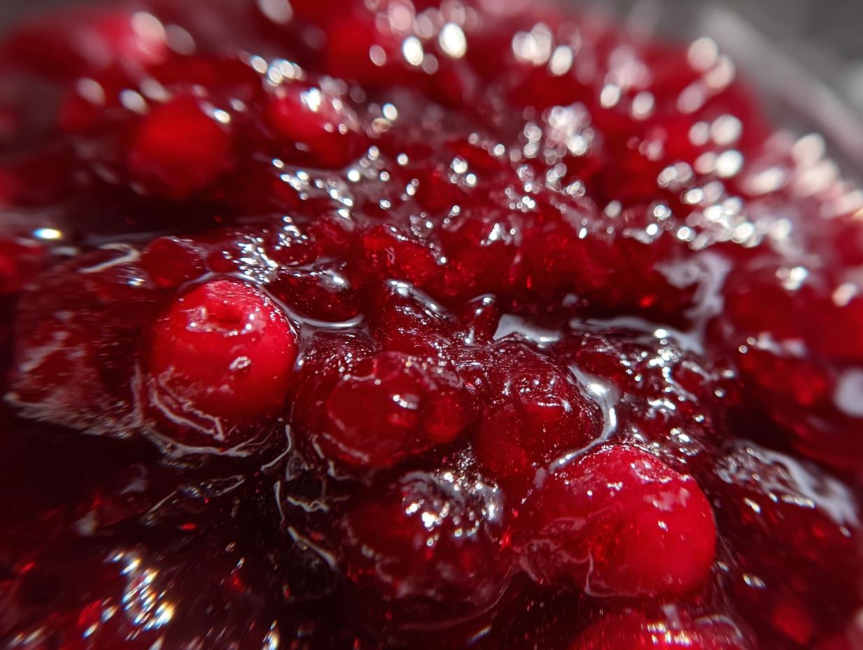 A close-up, macro shot of glistening, homemade cranberry sauce with whole cranberries visible.