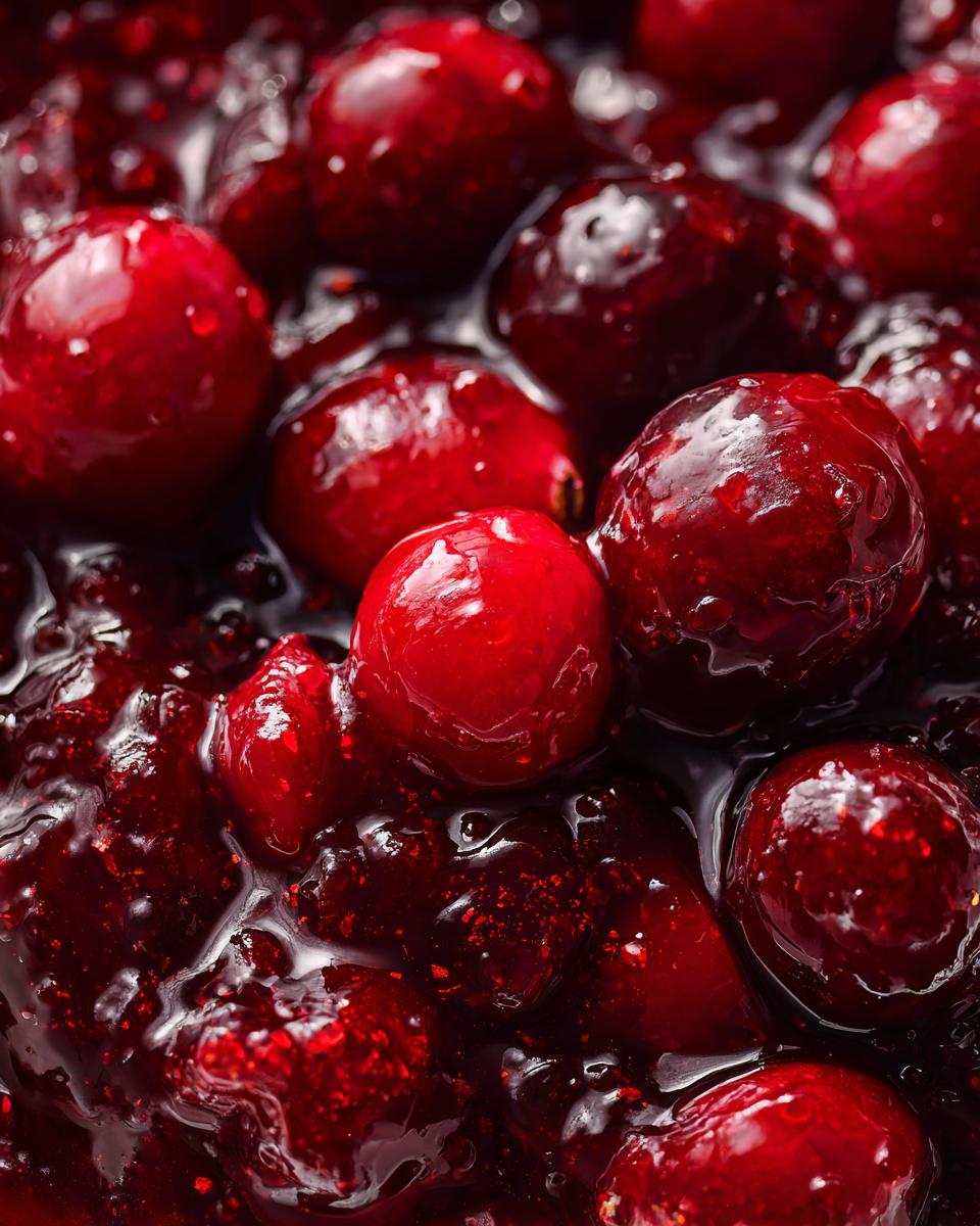 Close-up of vibrant, glossy homemade cranberry sauce with whole cranberries.