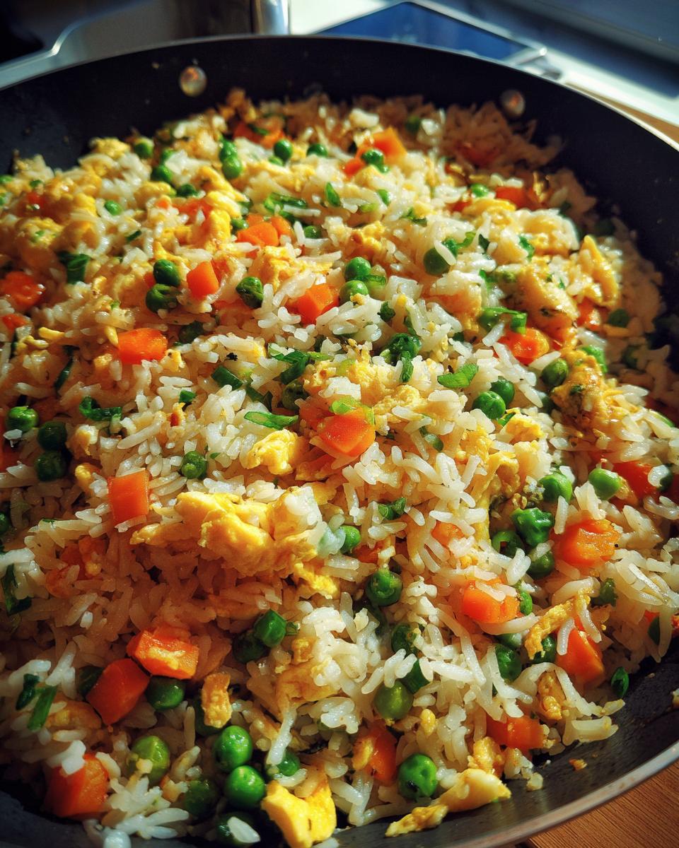 A close-up view of a pan filled with freshly made fried rice, featuring fluffy white rice, scrambled egg pieces, bright green peas, and diced carrots.